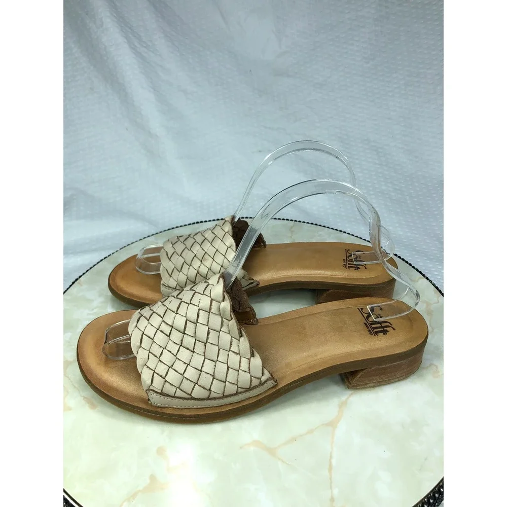 Sofft Woven Leather Open Toe Slide Sandals Womens 9.5 Cream Summer Comfy Flats